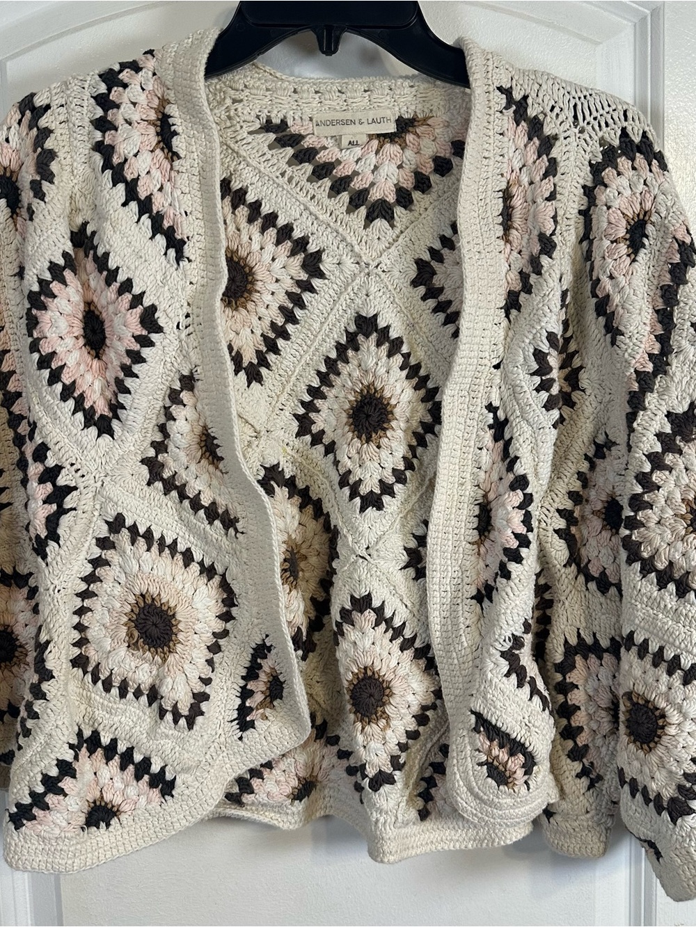 Andersen & Lauth Crochet Cotton Open Front Cardigan V-Neck 3/4 Sleeve One Size